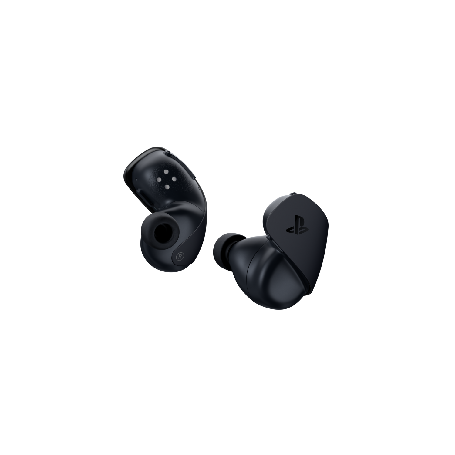 Black earbuds. White dots on the left one. The right one has a PlayStation logo.