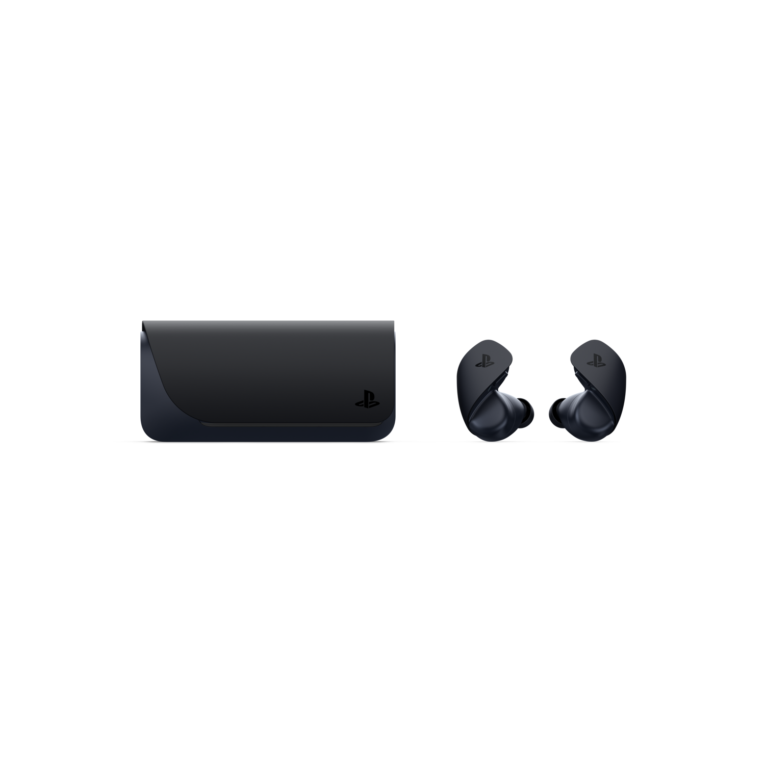 Black PlayStation earbuds and charging case. The case has the PlayStation logo.