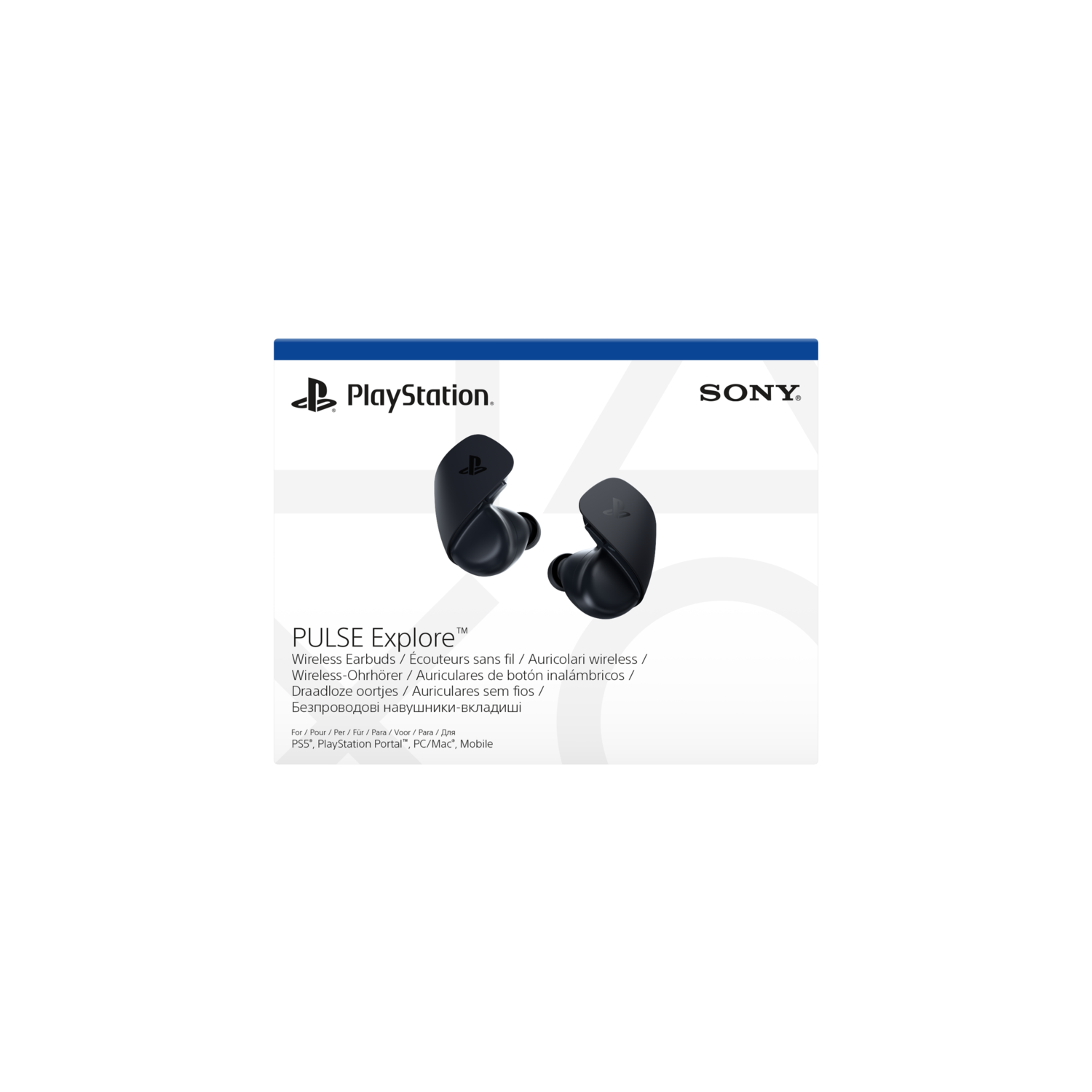 PlayStation box with black earbuds. The box has a picture of the earbuds.