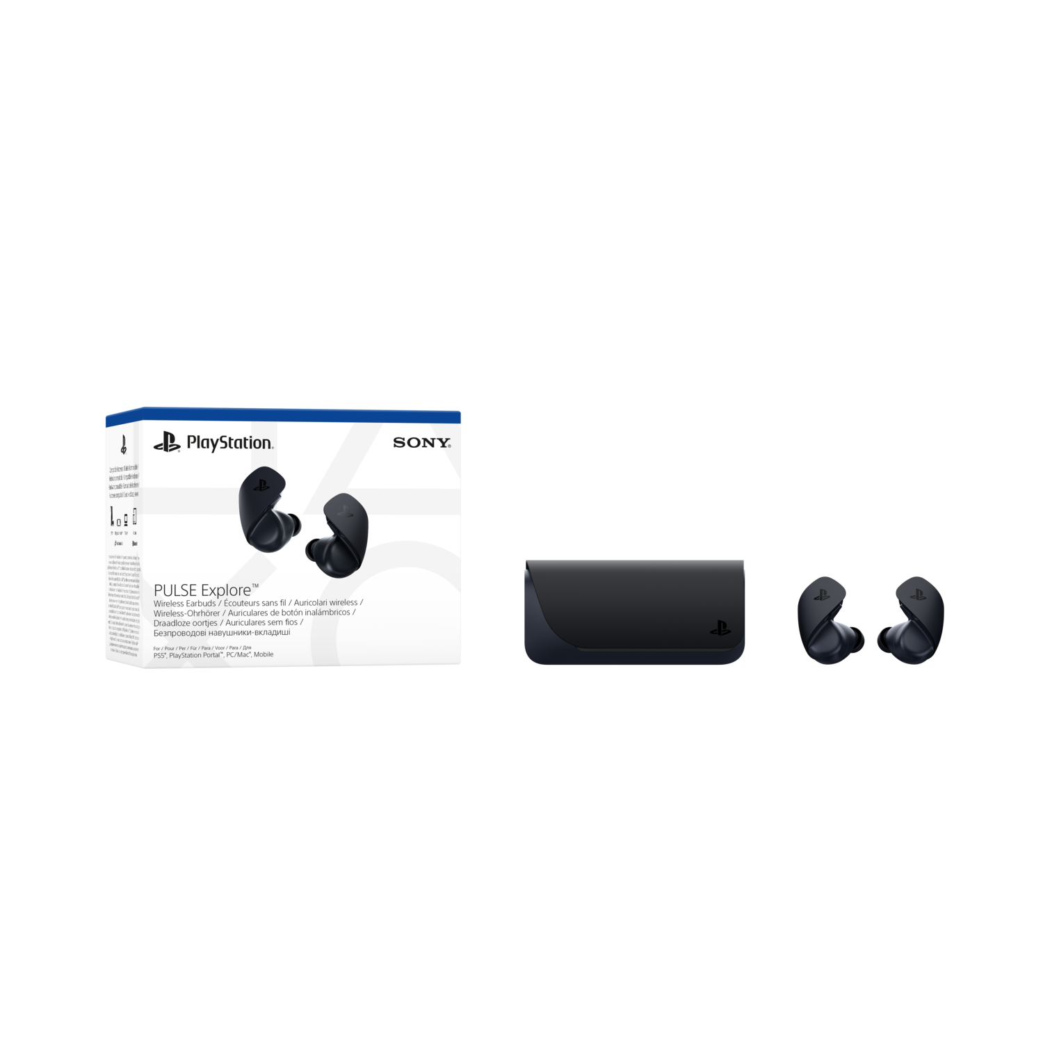 Black PlayStation Pulse Explore earbuds, case and box. White background.