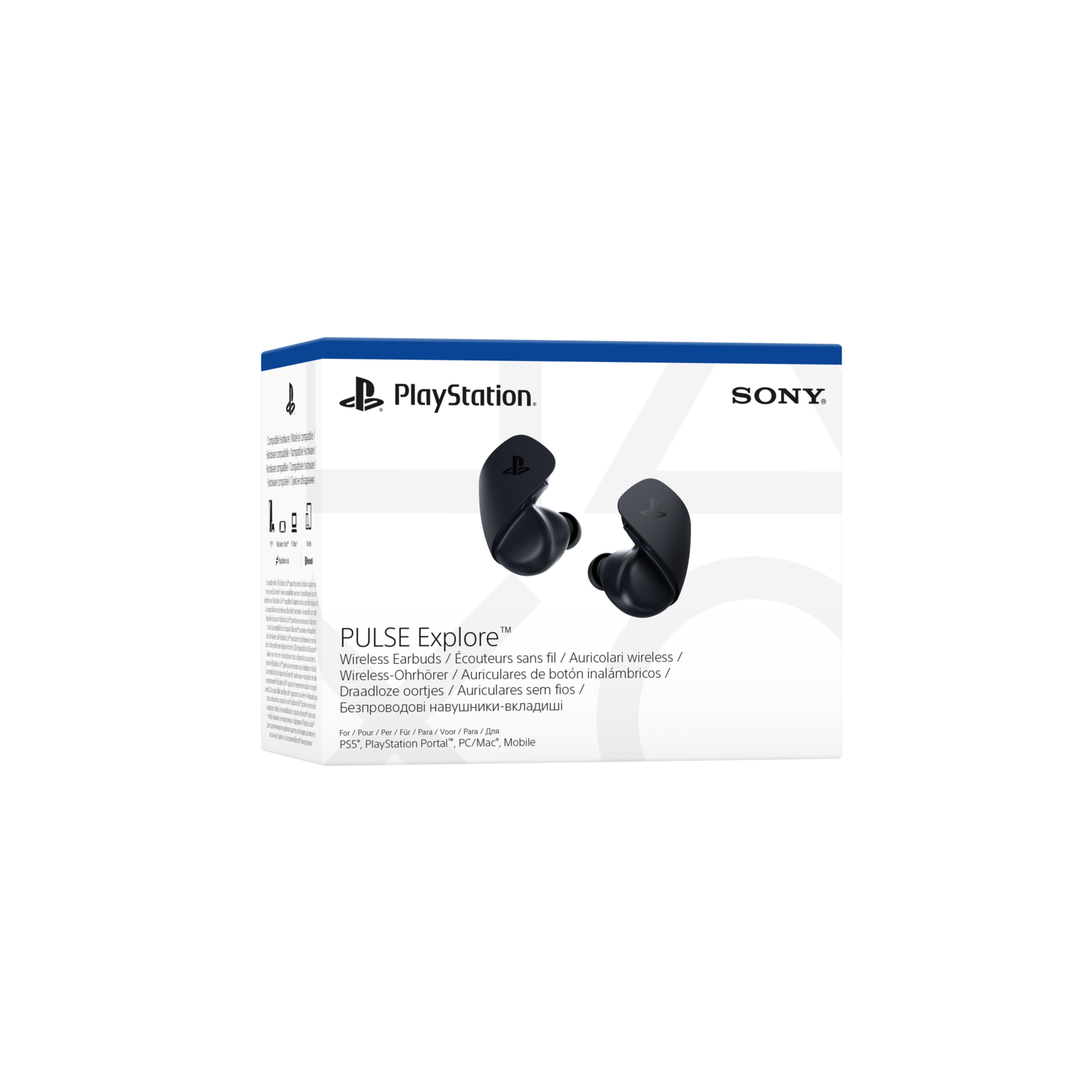 A box of black PlayStation Pulse Explore earbuds. The box has the logo and product name.
