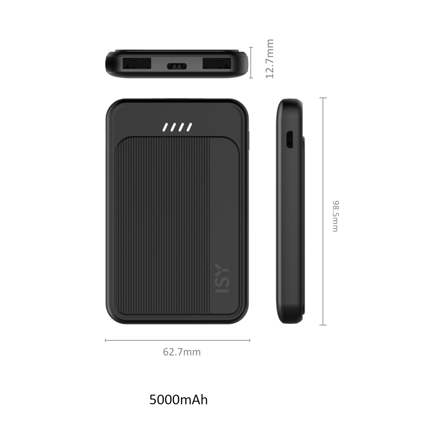 Power bank ISY nero, con dimensioni e testo 5000mAh.