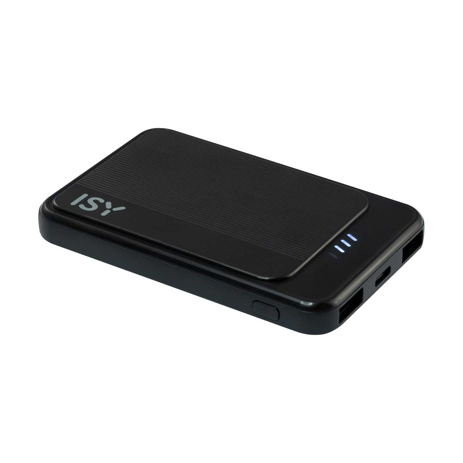 Power bank ISY nero con indicatori luminosi. Il logo ISY è visibile.