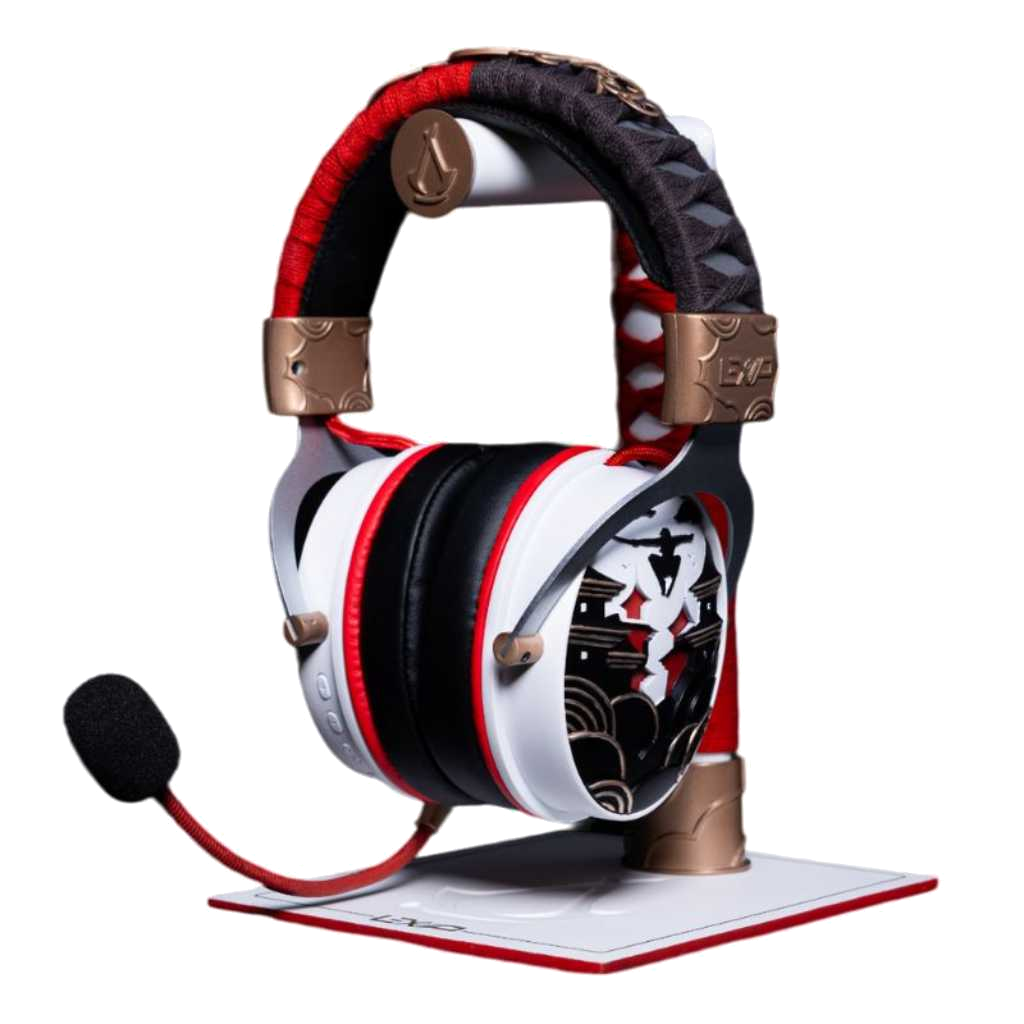 Zestaw słuchawkowy do gier na stojaku. Czarny, czerwony, biały z designem. Mikrofon dołączony.