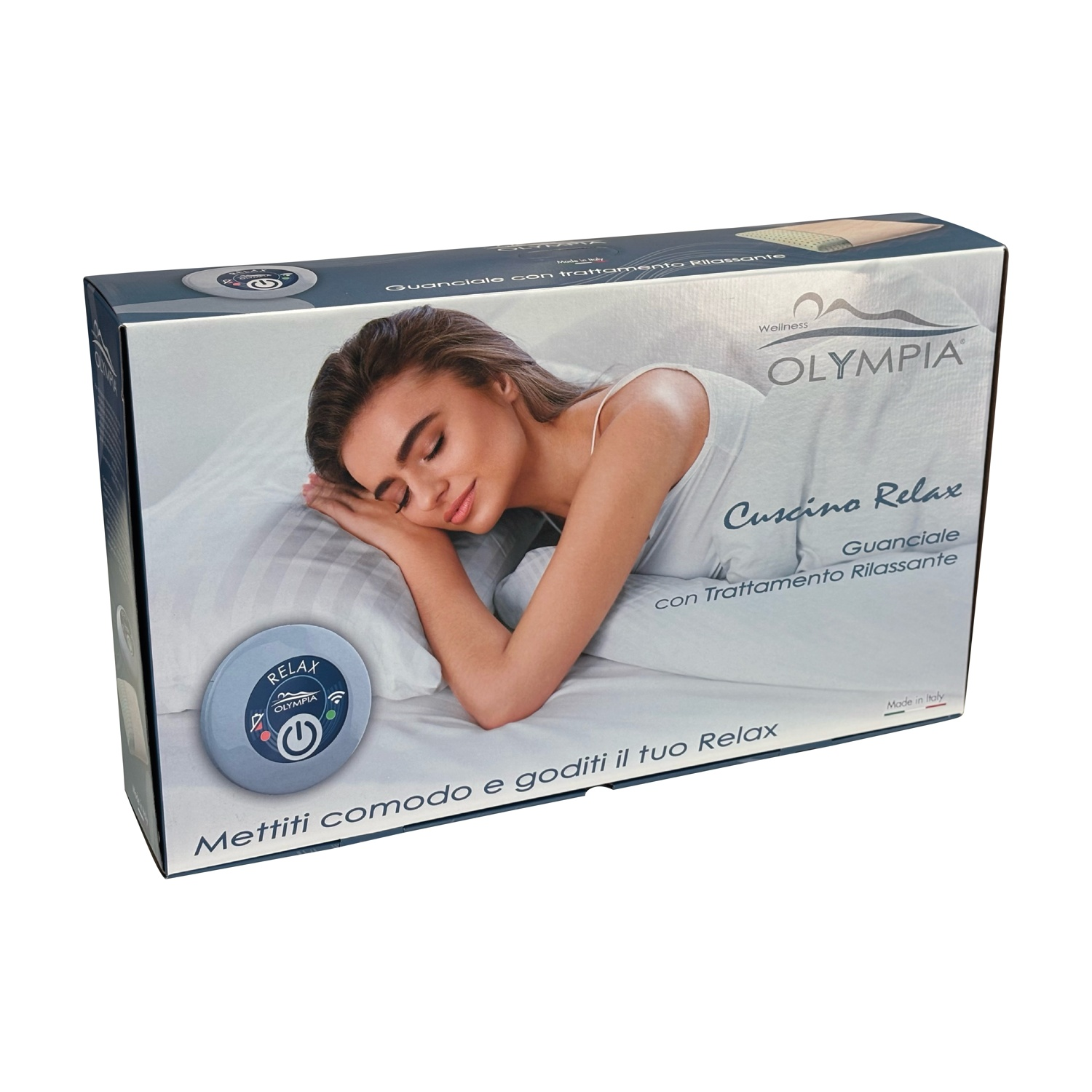 Scatola con immagine di donna che dorme con cuscino, informazioni sul prodotto.
