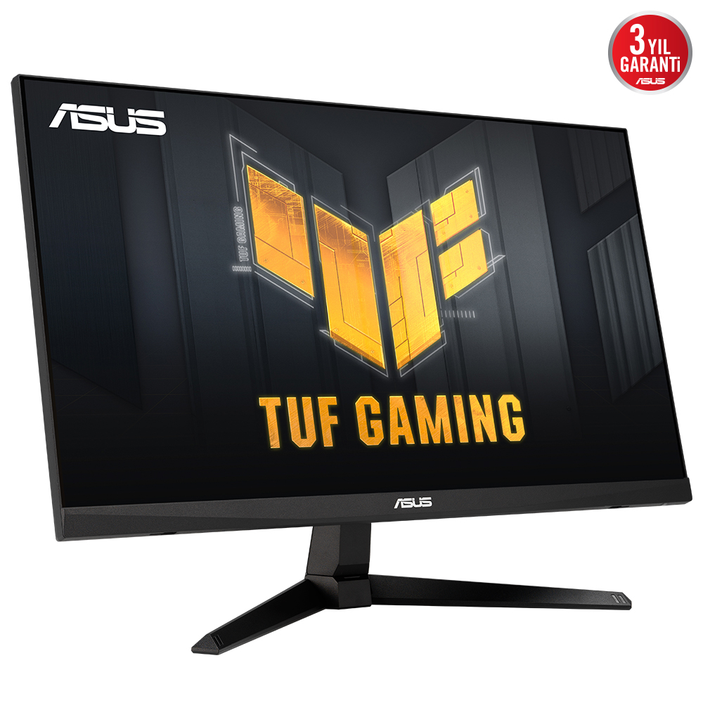 ASUS TUF Gaming monitör. Siyah çerçeve, sarı logo. Siyah stand. Sağ üst köşede 3 yıl garanti etiketi.