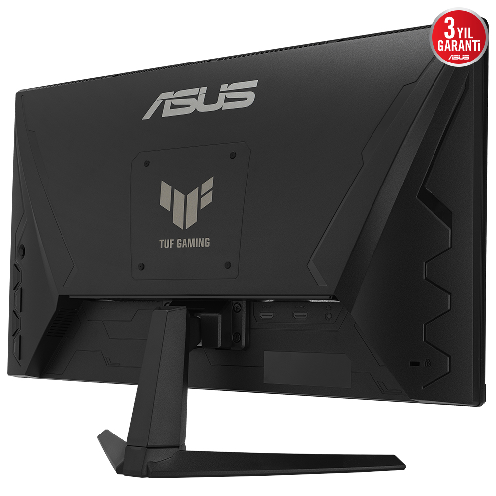 Stand ve ASUS logosu olan siyah bir oyun monitörü.