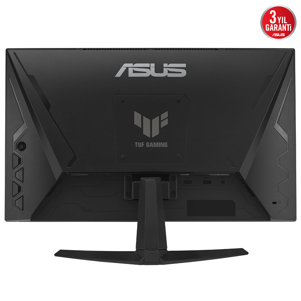 Siyah ASUS oyun monitörü, arkadan görünüm, ASUS logosu, TUF logosu ve ayaklık.