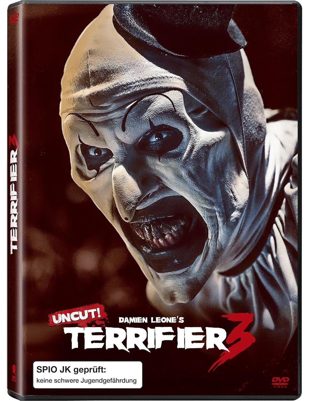 DVD-Hülle für Terrifier 3, zeigt ein gruseliges Clown-Gesicht.