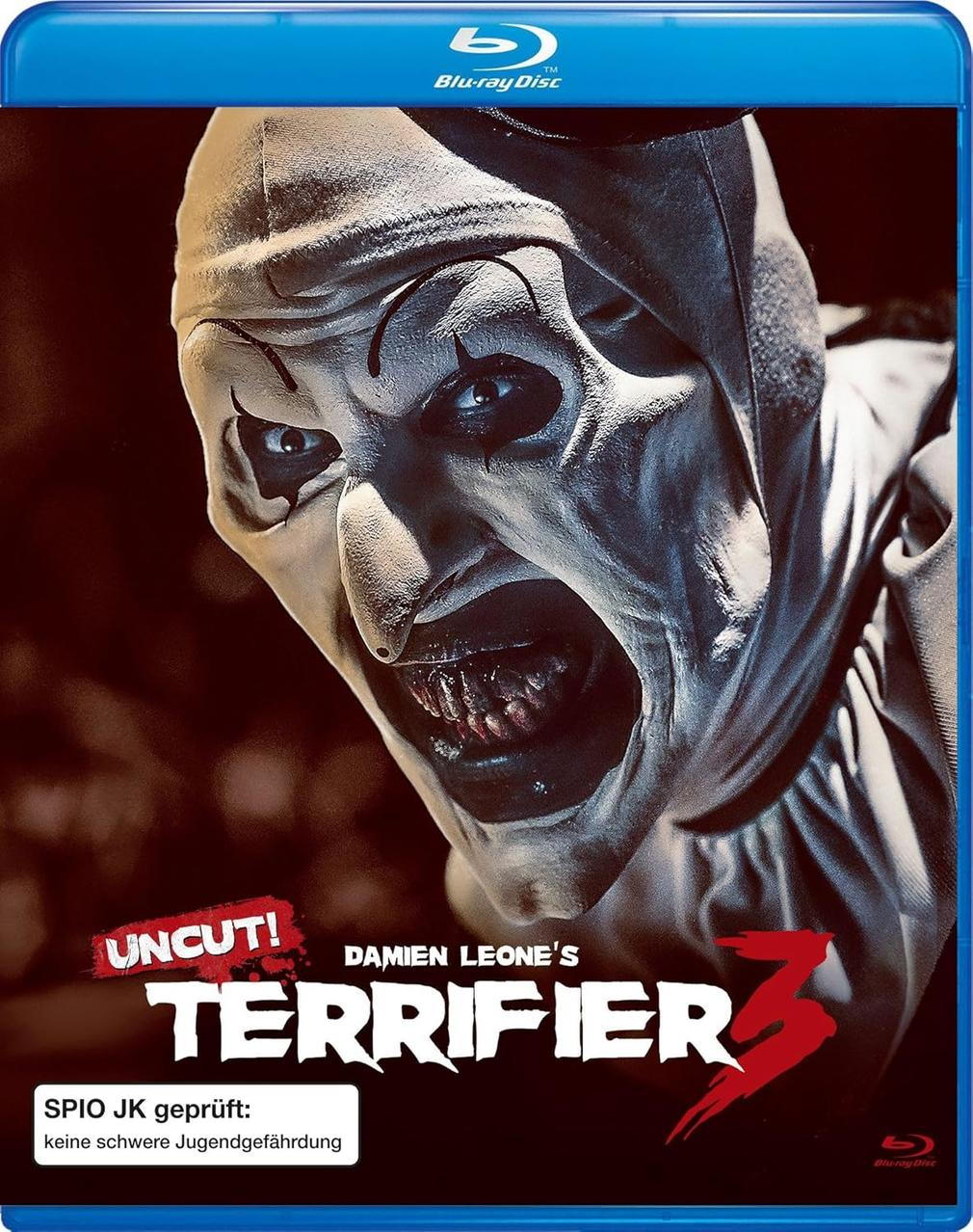 Blu-ray-Cover mit einem gruseligen Clown. Der Titel 'Terrifier 3' und der Text 'Uncut!' sind sichtbar.