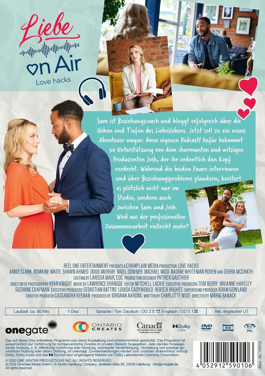 DVD-Cover mit Filmtitel 'Liebe on Air - Love hacks' und Szenenbildern von Paaren.
