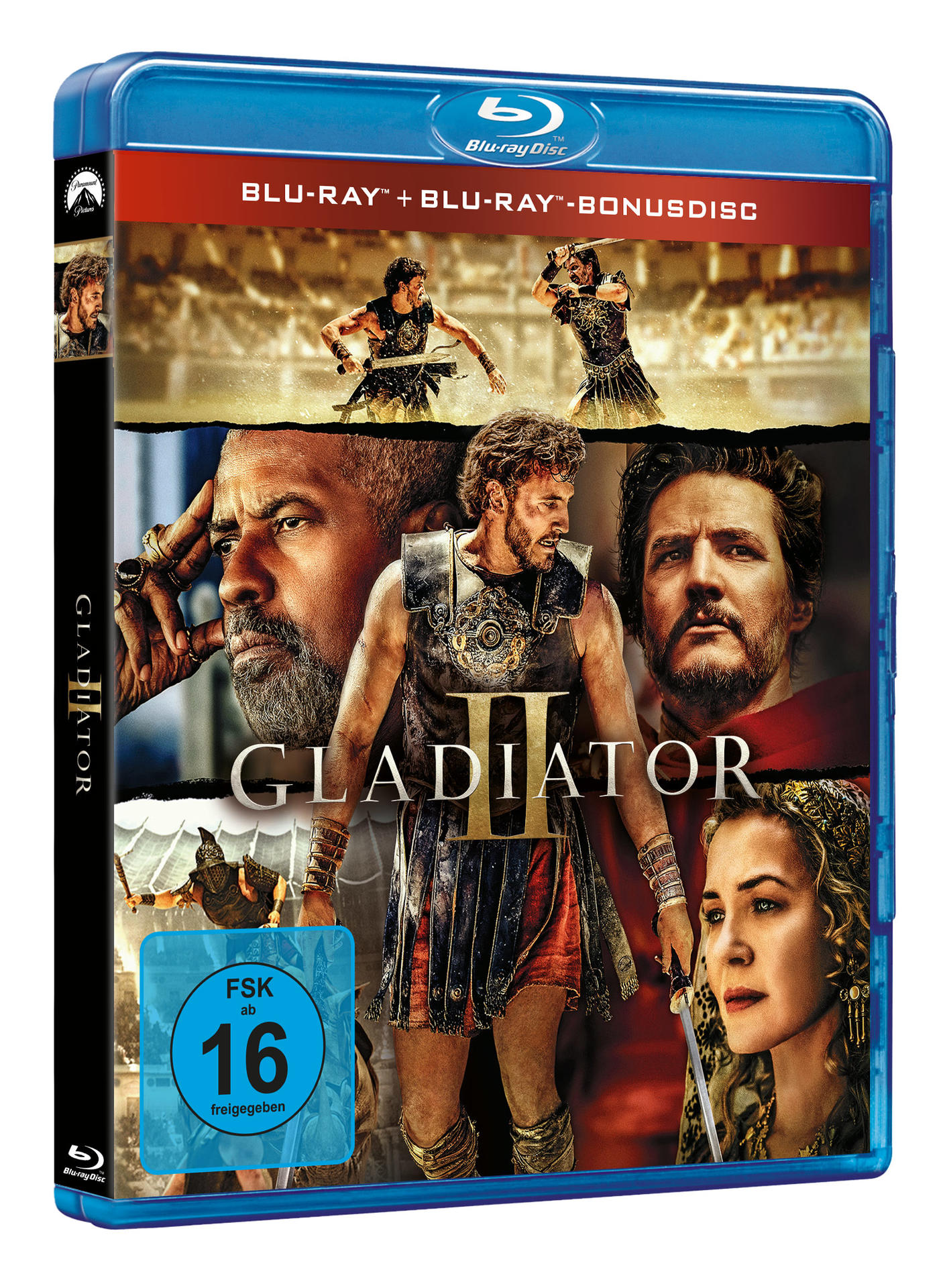 Gladiator II Blu-ray-Hülle. Filmszenen und Schauspieler. Blaue Hülle mit Bewertungen und Logos.