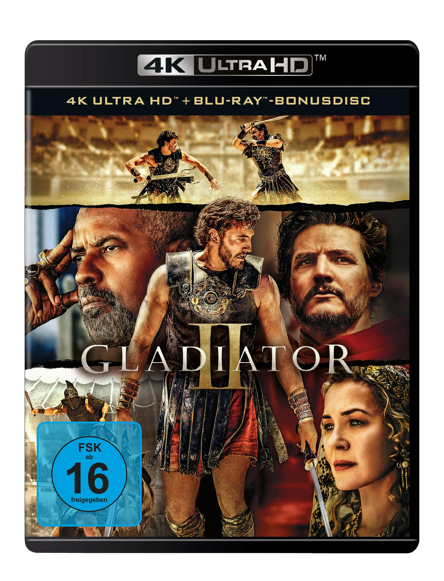 Filmcover 'Gladiator II'. Zeigt Gesichter von Männern, mit einer Gladiatorenszene oben.