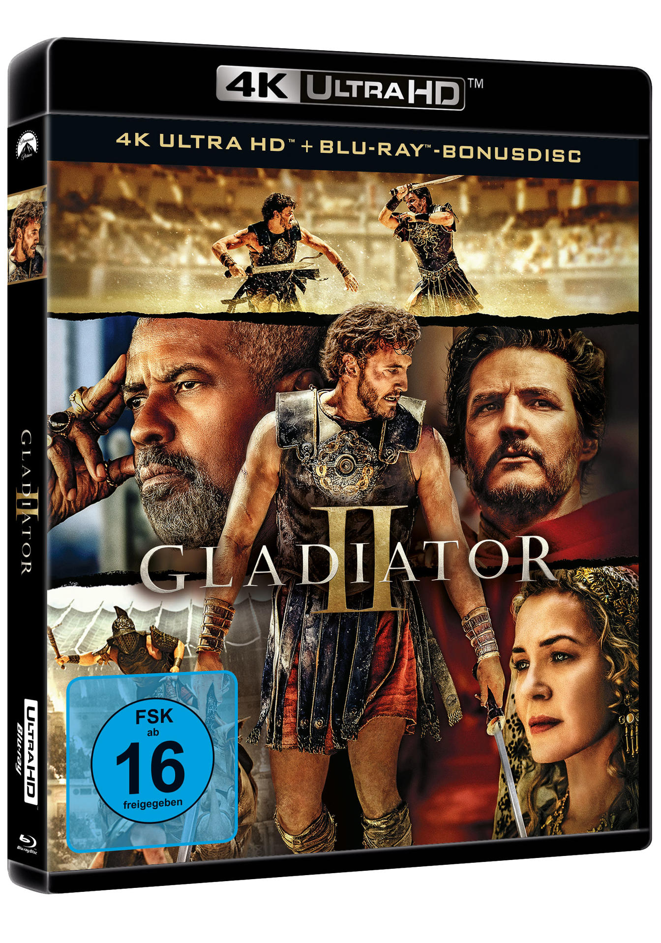 4K Ultra HD Blu-ray-Cover für Gladiator II. Schauspieler und Titeltext. Blaue Hülle mit Bewertung.
