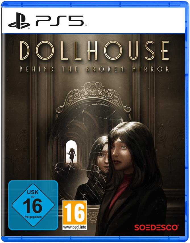 PS5-Spielcover mit einer Frau und einem Spiegel, der Titel lautet 'DOLLHOUSE' und ein Warnhinweis.