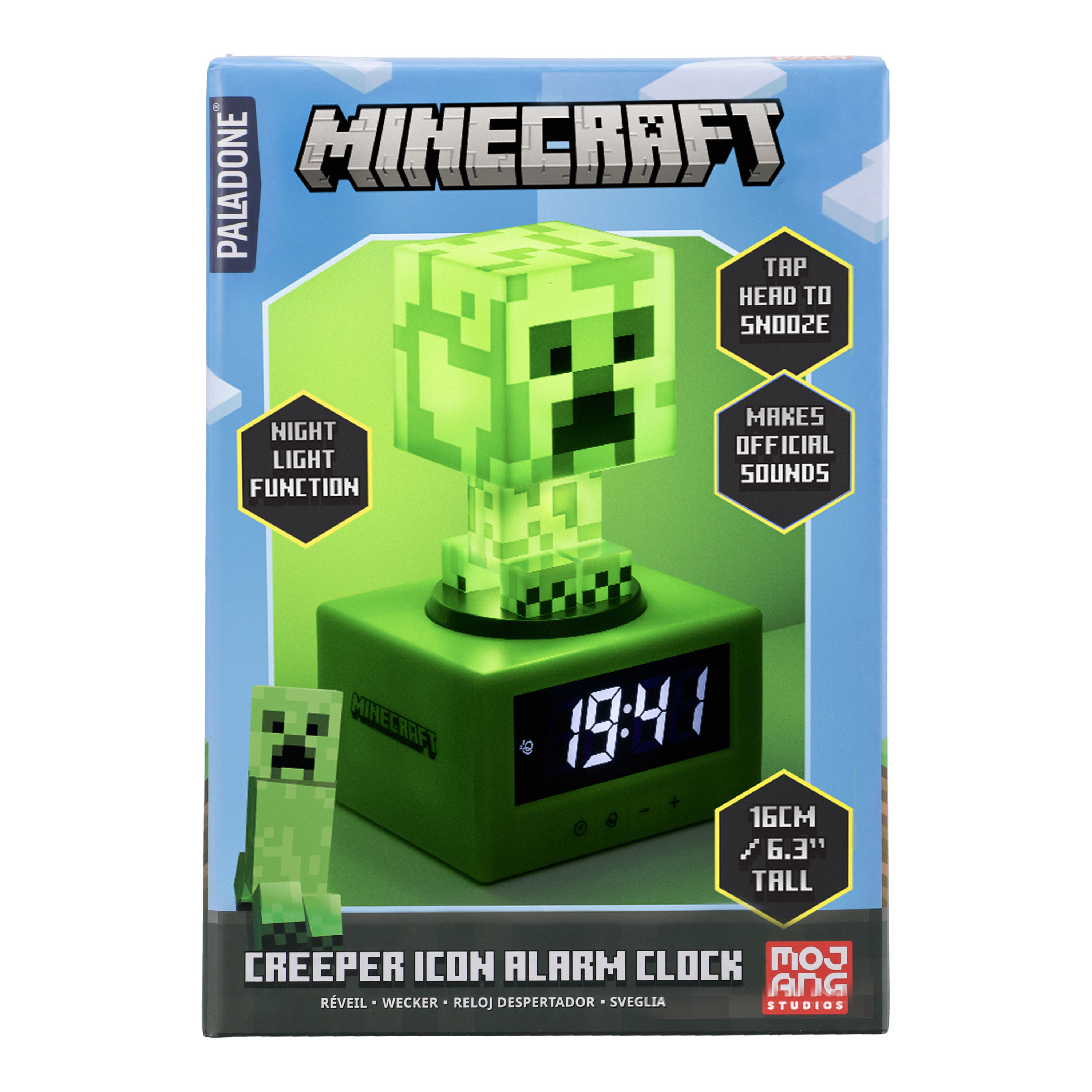 Minecraft Creeper Wecker. Grüner Creeper-Kopf auf einem grünen Block mit Zeitanzeige, Knöpfen und Text.