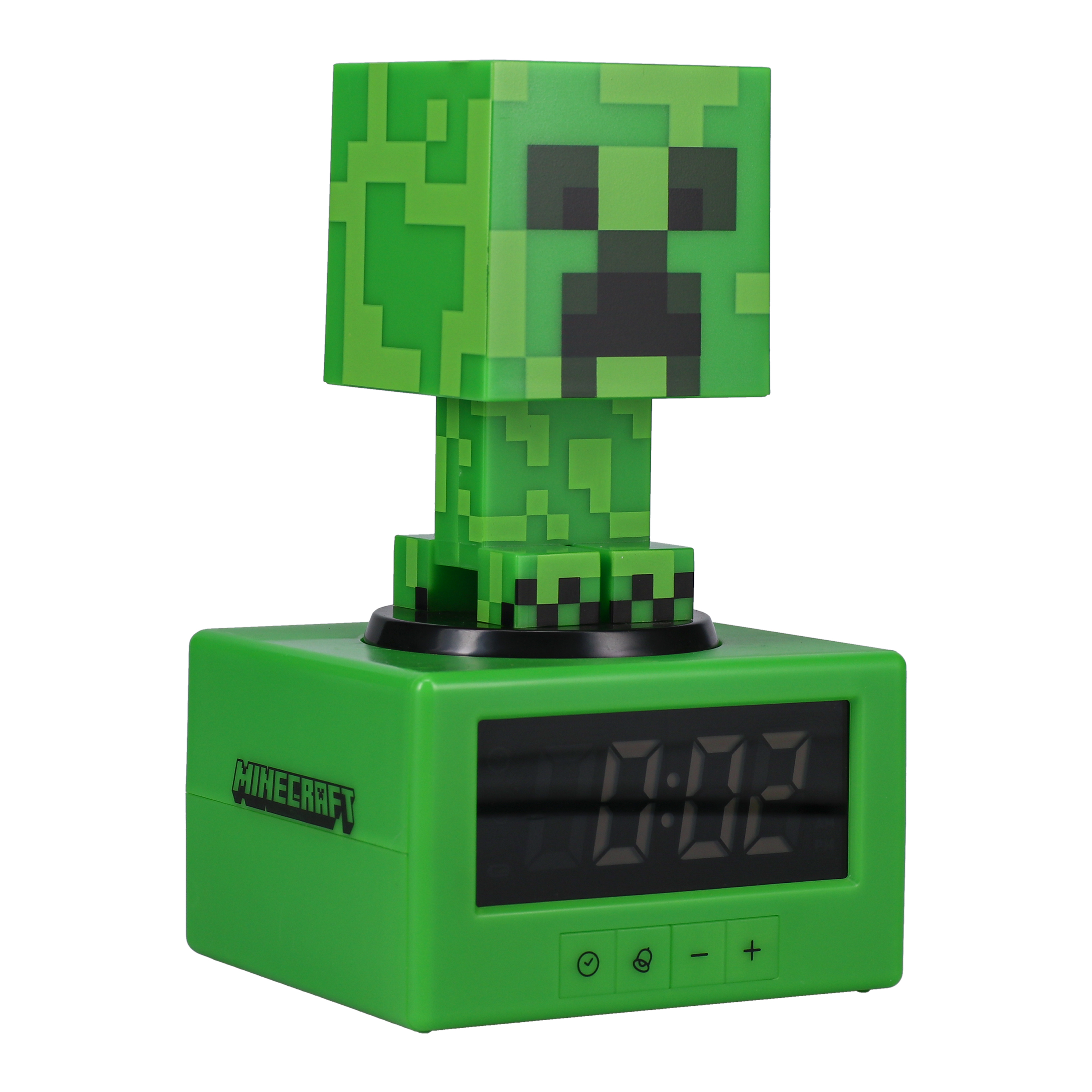 Grüner Minecraft Creeper Wecker, zeigt die Uhrzeit 00:02 an. Creeper-Kopf oben, Knöpfe unter dem Display.