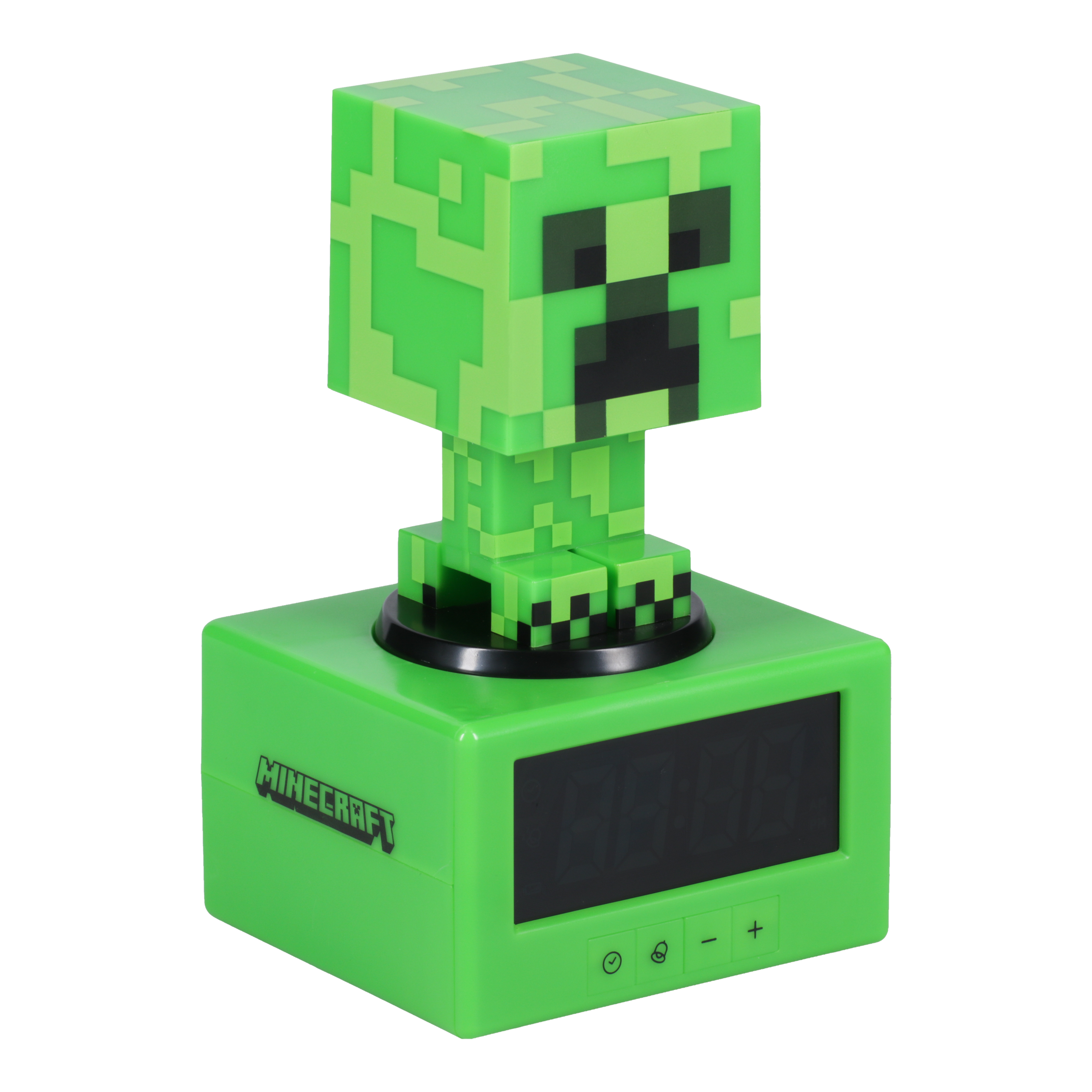 Grüner Minecraft Creeper Wecker. Creeper-Kopf oben, und ein grüner Block mit Display.