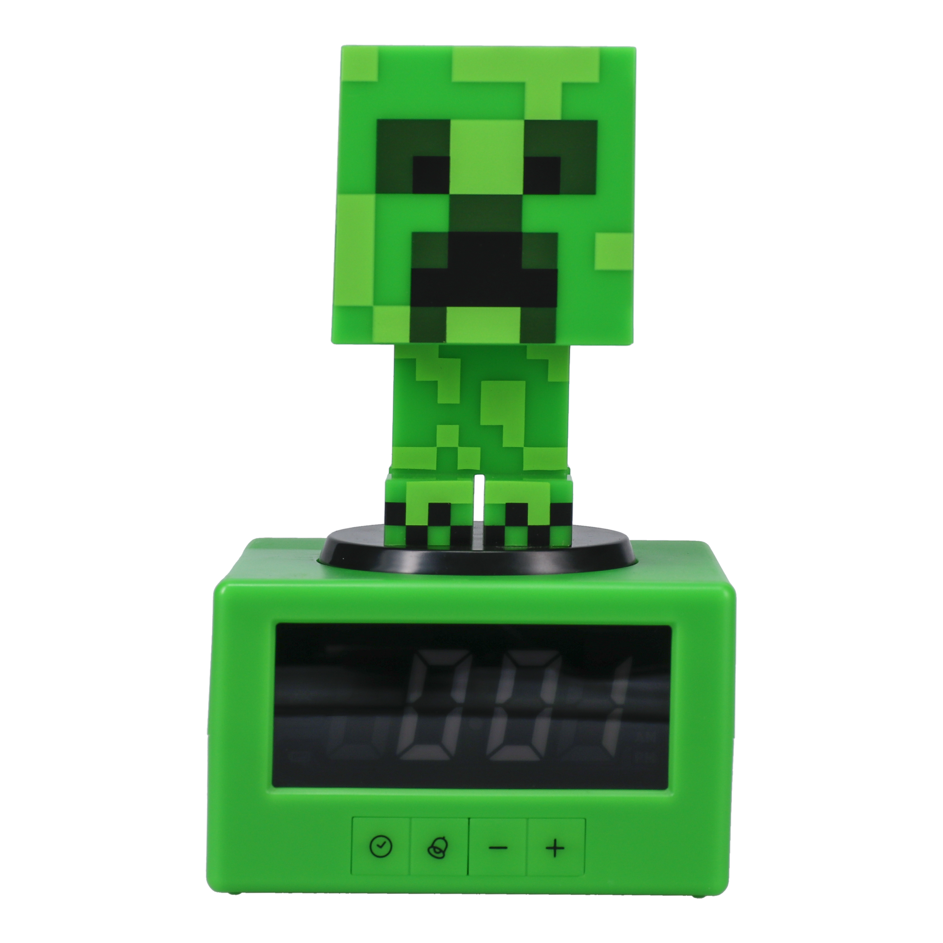 Grüne Minecraft Creeper Uhr. Ein blockartiger grüner Creeper steht auf einer grünen Uhr. Schwarze Zahlen.