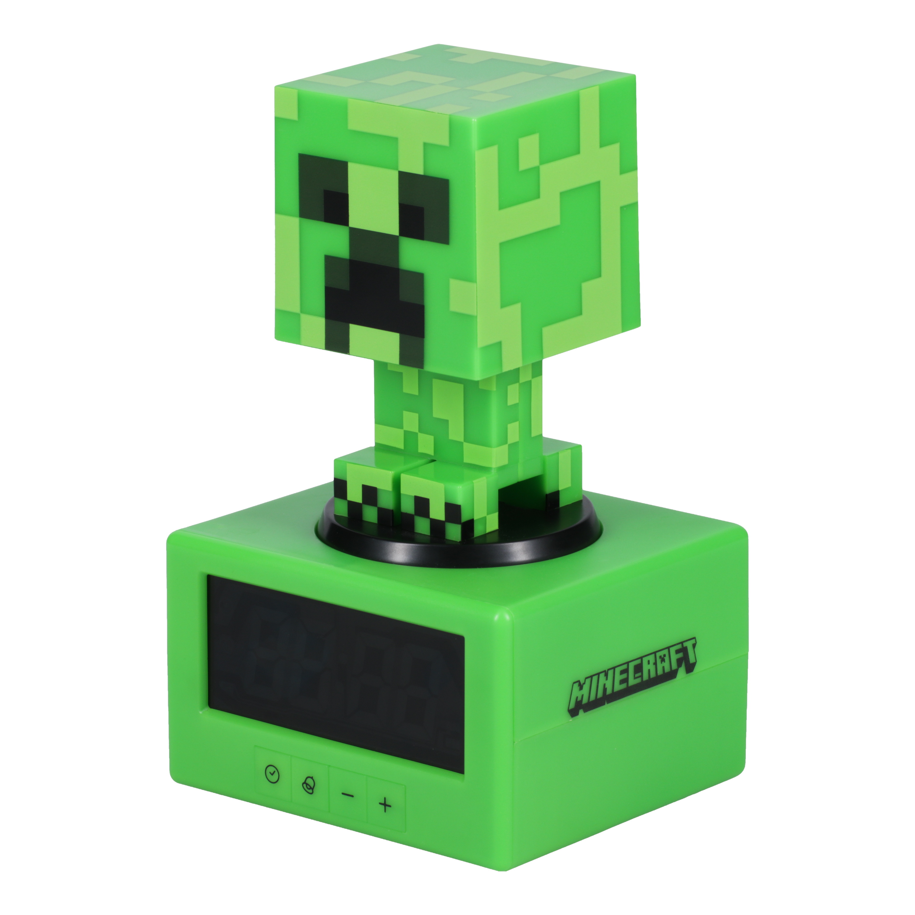 Grüner Creeper-Wecker mit Zeitanzeige.
