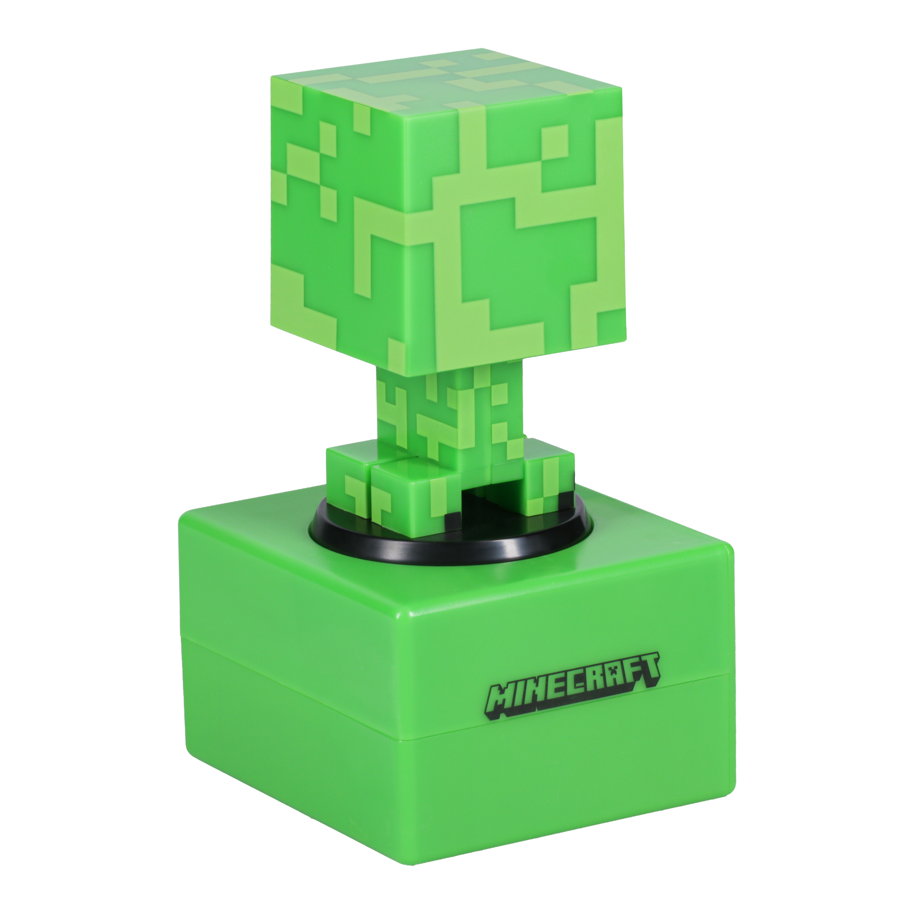 Grüner Minecraft Creeper Wecker. Creeper-Kopf auf einem grünen quadratischen Block.
