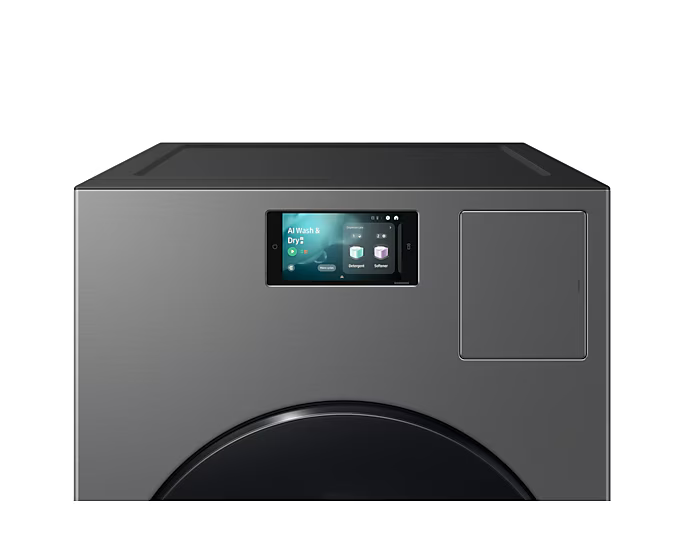 Eine moderne, dunkelgraue Waschmaschine mit Touchscreen-Oberfläche und kleinem Zugangspanel.