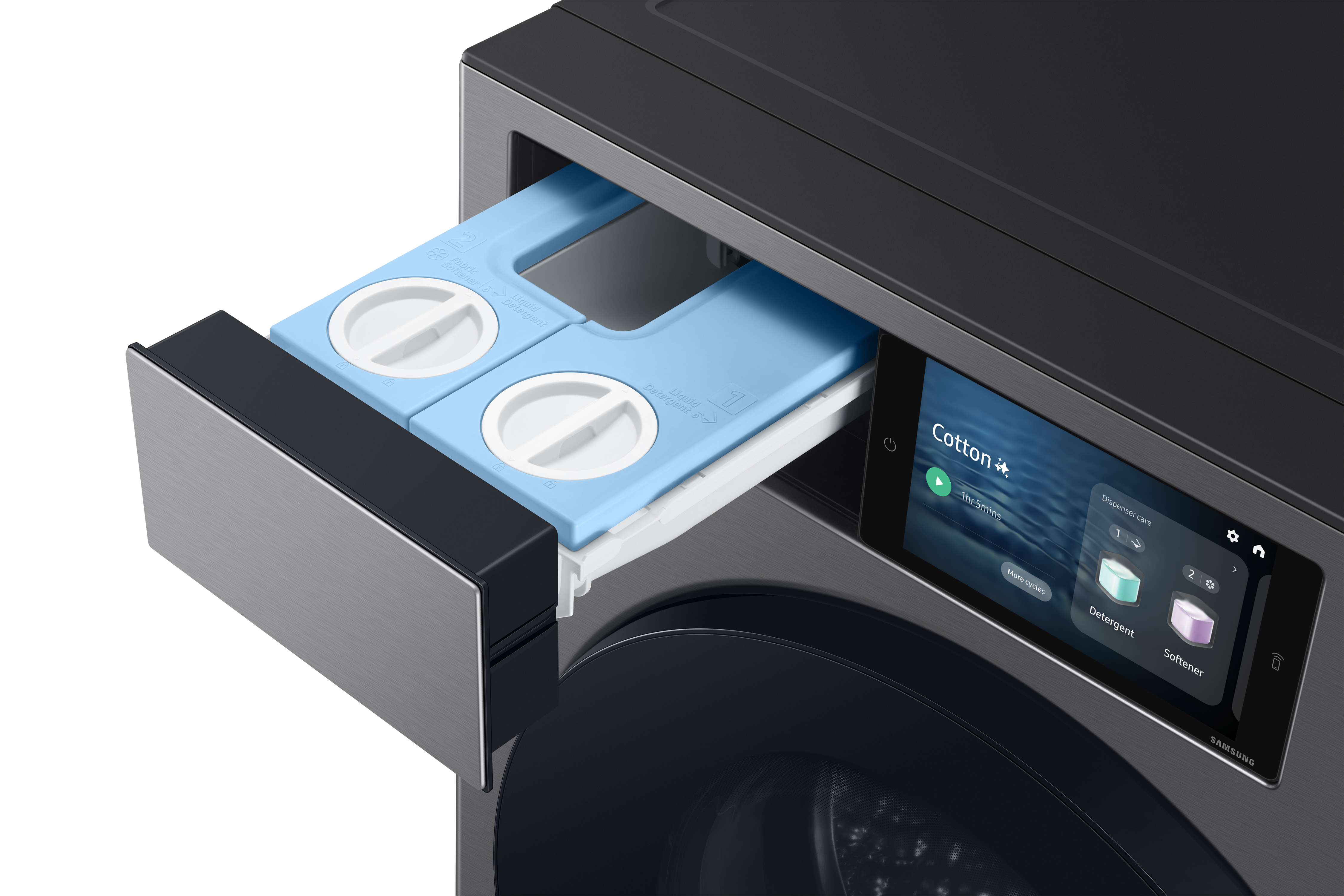 Waschmittel Schublade, offen, zeigt Fächer und Touchscreen. Silbernes Finish.