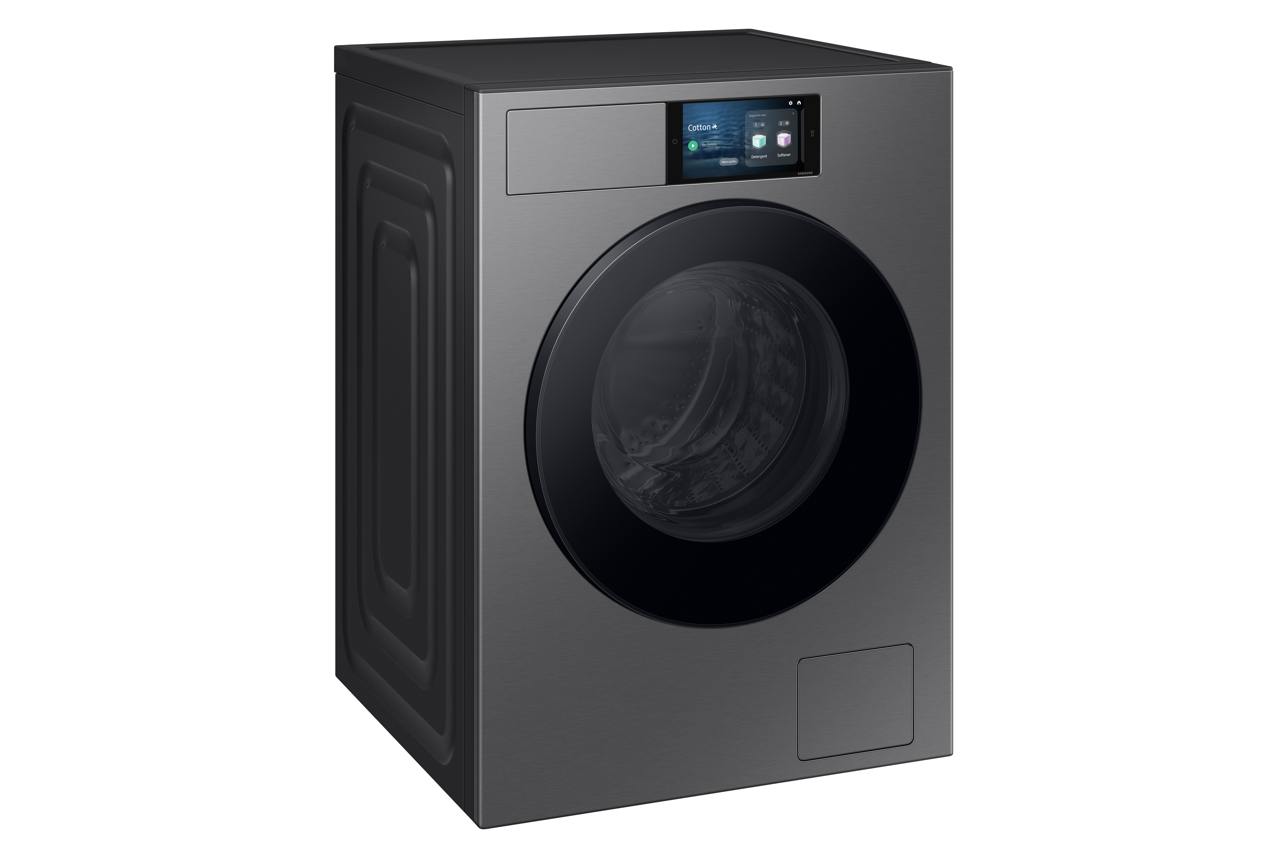 Dunkelgraue Waschmaschine, ein Bildschirm und eine runde schwarze Tür.