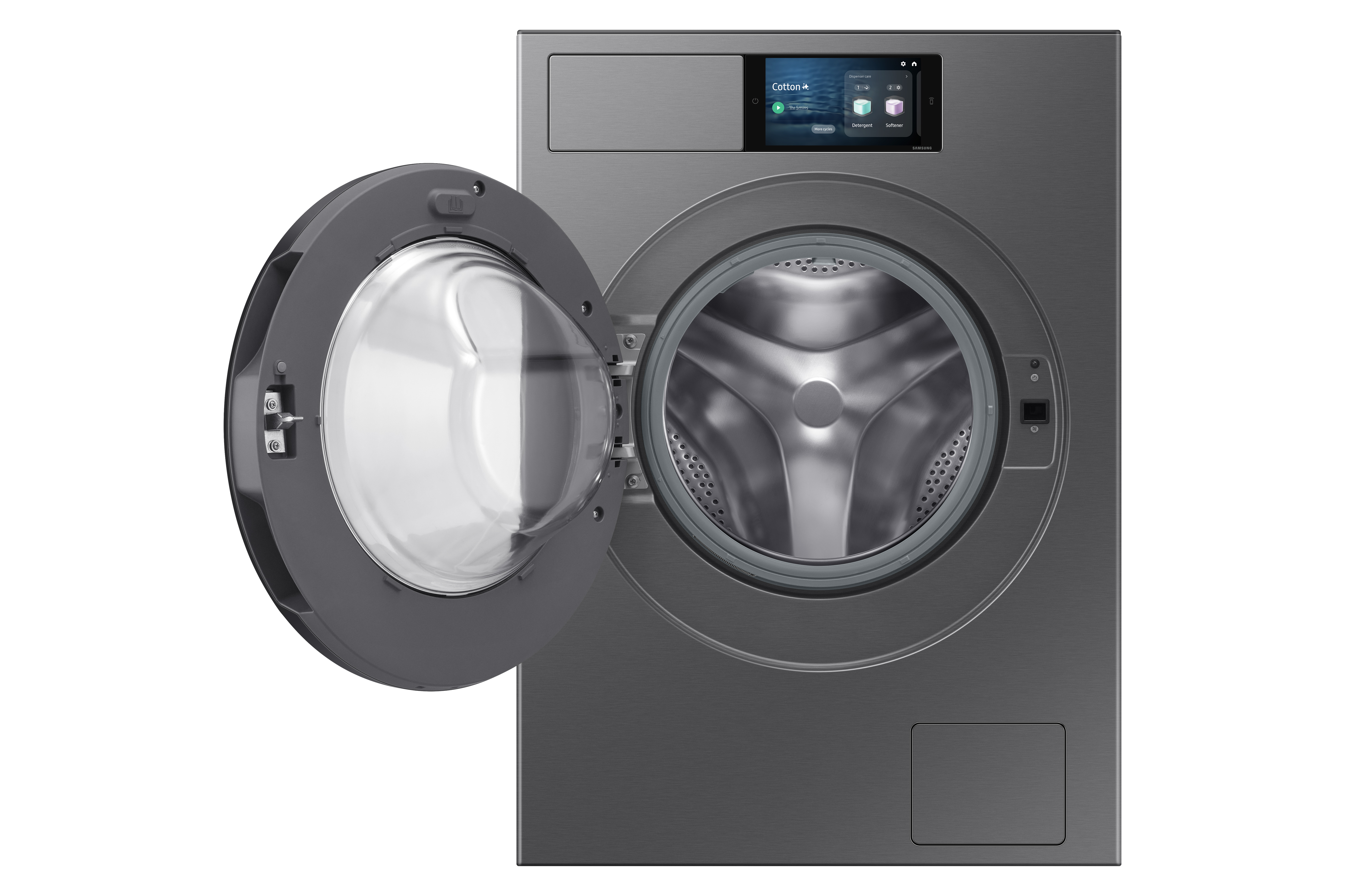 Dunkelgraue Waschmaschine mit offener Tür, Trommel sichtbar. Modernes Design.