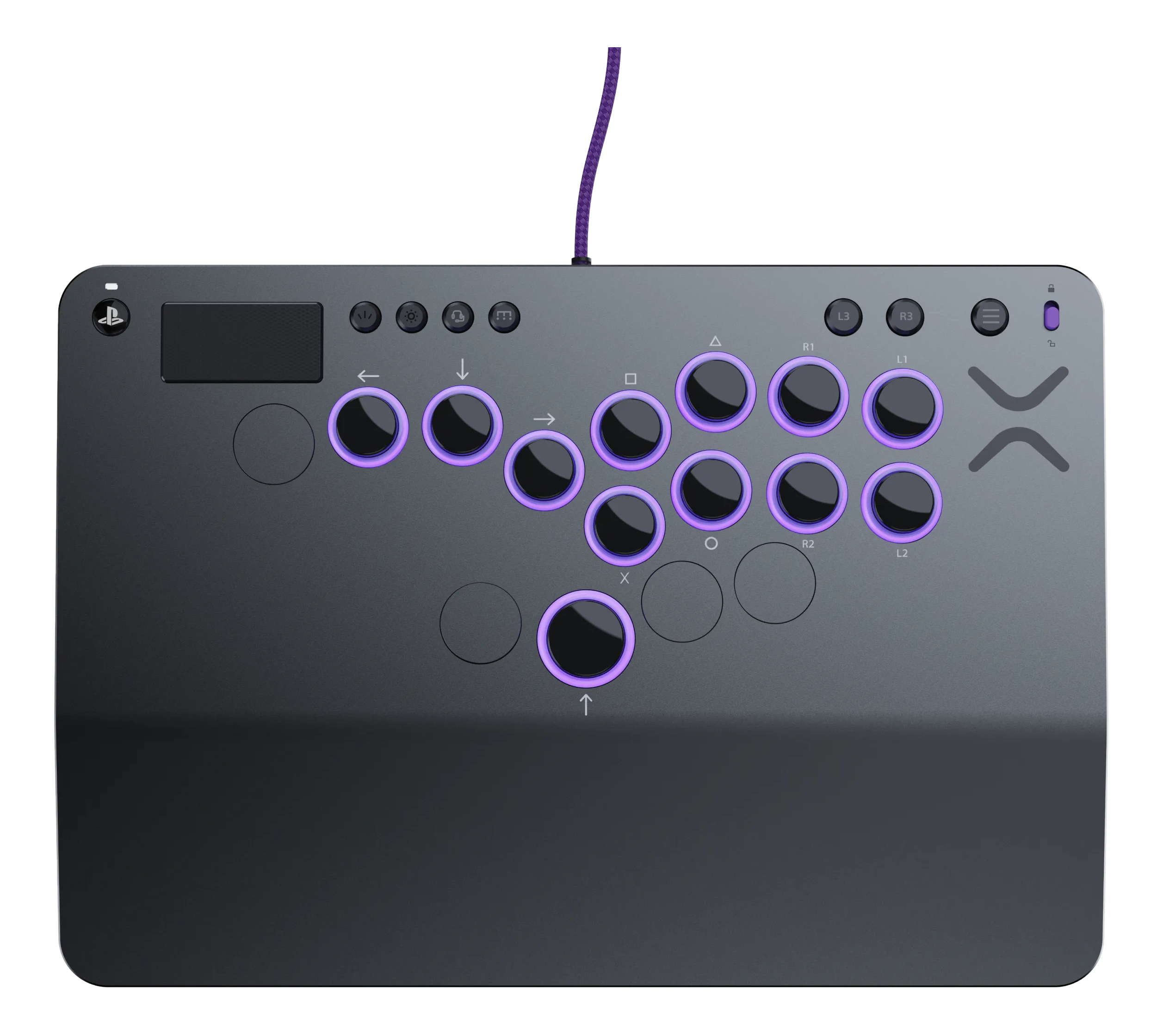 Arcade-Stick-Controller mit lila Knöpfen auf grauer Oberfläche.