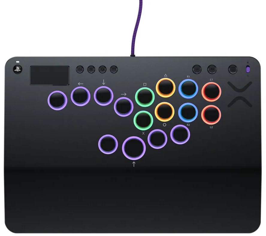Schwarzer Gaming-Controller. Kreisförmige Knöpfe mit farbigen Lichtern, quadratischer Körper.