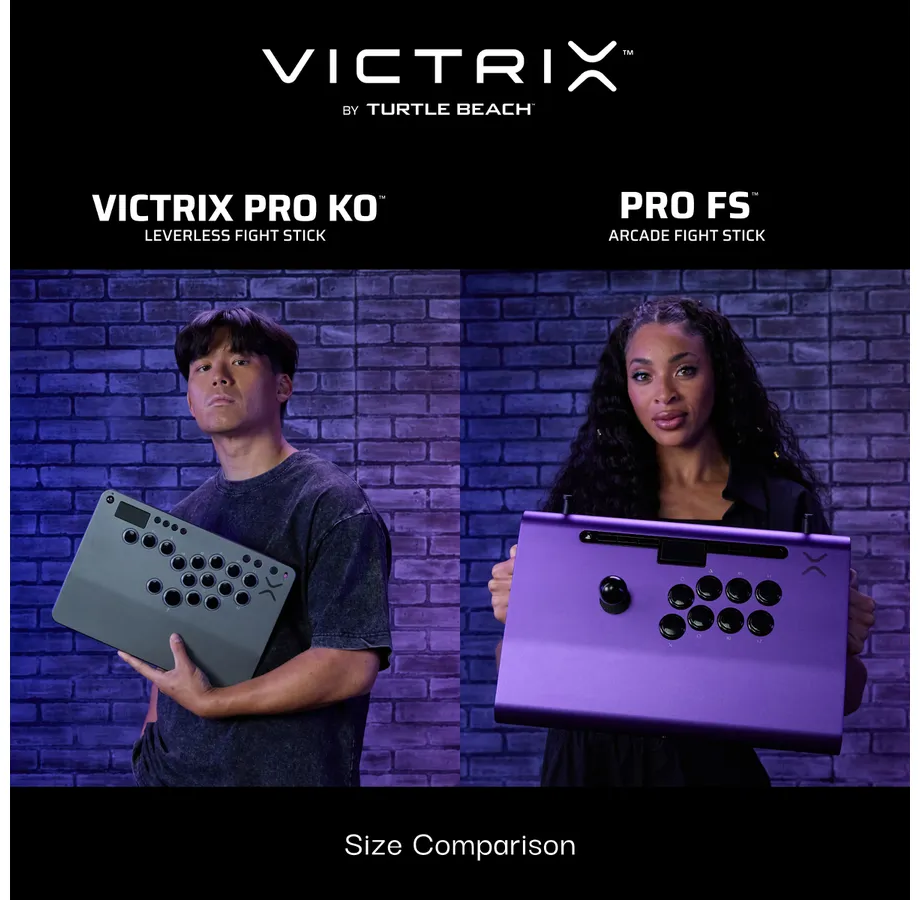 Zwei Personen halten Gamecontroller. Mann hält grau, Frau lila. Text: Victrix Pro KO, Pro FS.