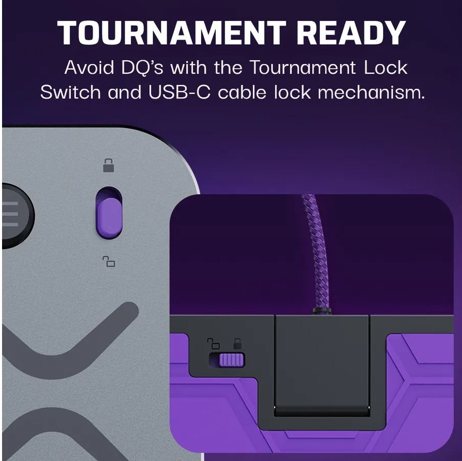 Nahaufnahme eines Controllers mit lila Tournament Lock Switch und Kabelsperre.
