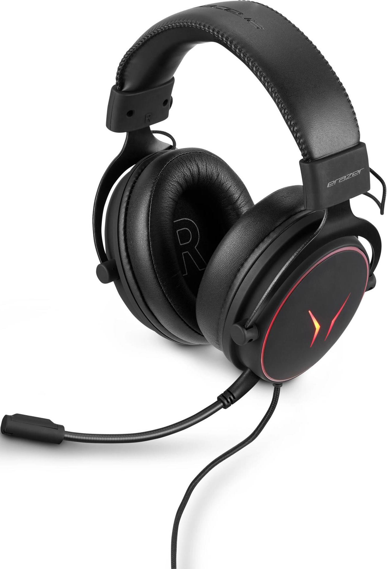 Schwarzes Gaming-Headset mit Mikrofon und roten Akzenten.
