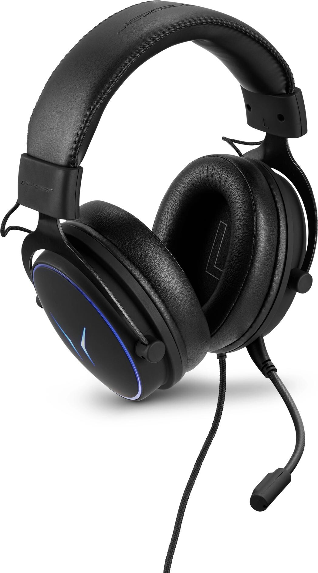 Schwarzes Gaming-Headset mit Mikrofon. Verfügt über einen blauen Lichtring und ein angeschlossenes Kabel.