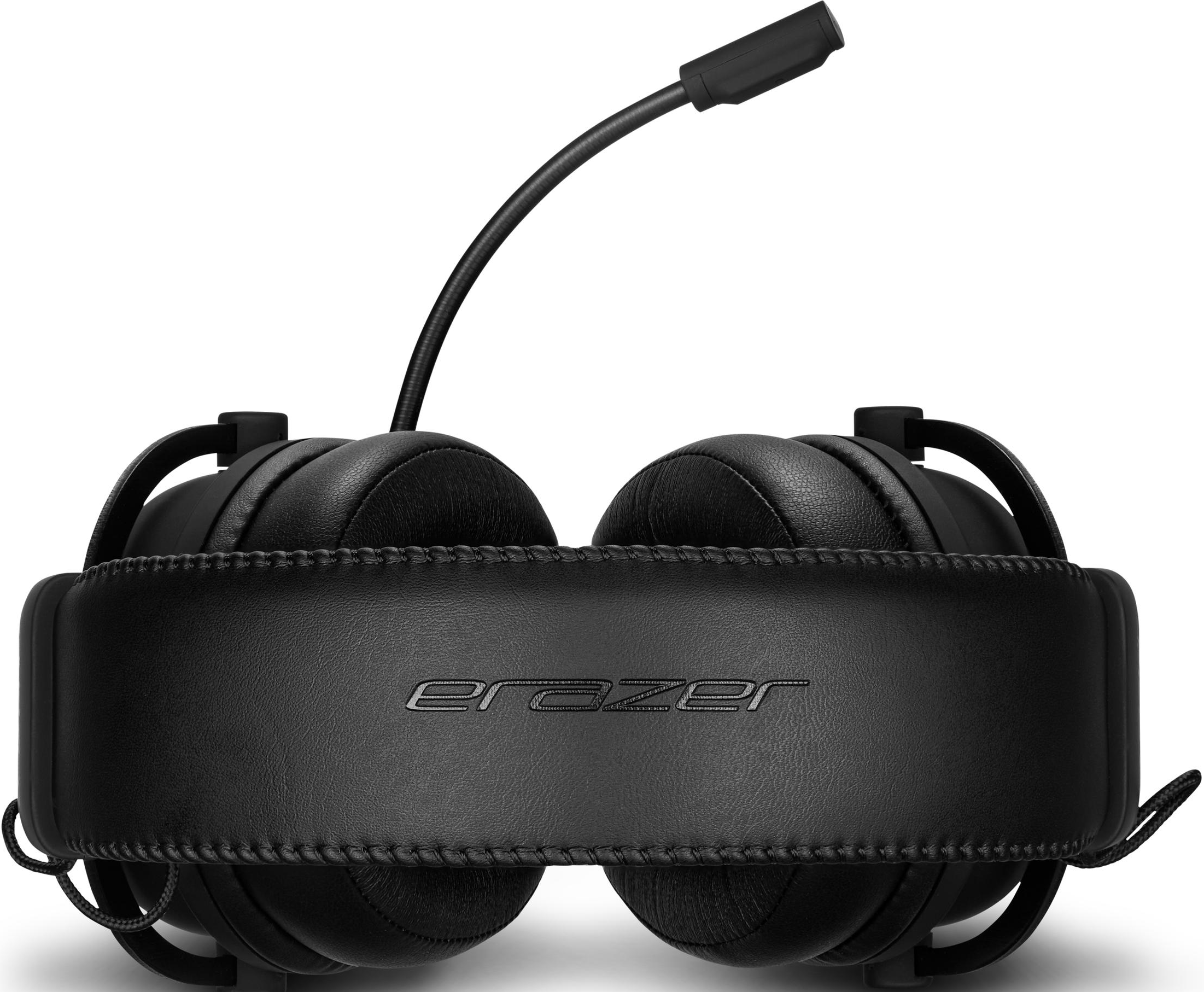 Schwarzes Headset mit Mikrofon. Erazer-Text oben. Polster sind schwarz.