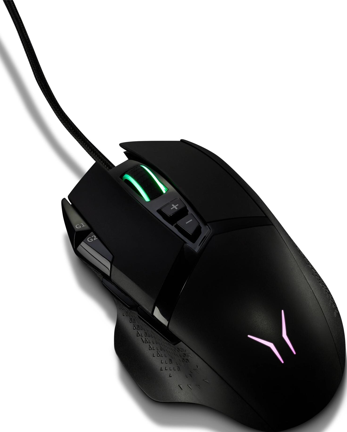 Eine schwarze Gaming-Maus mit Knöpfen und leuchtendem Logo auf weißem Untergrund.
