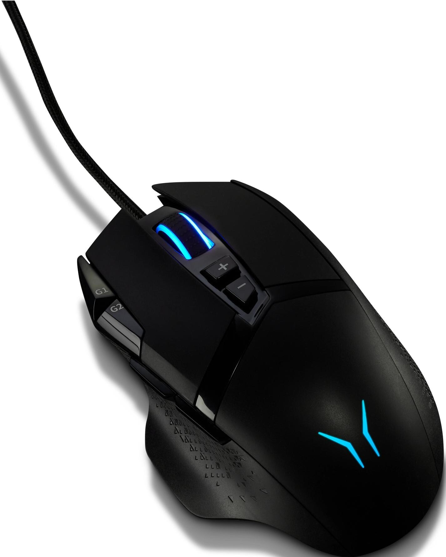 Schwarze Gaming-Maus mit blauen Lichtern und einem schwarzen Kabel. Maus hat zwei Tasten an der Seite.