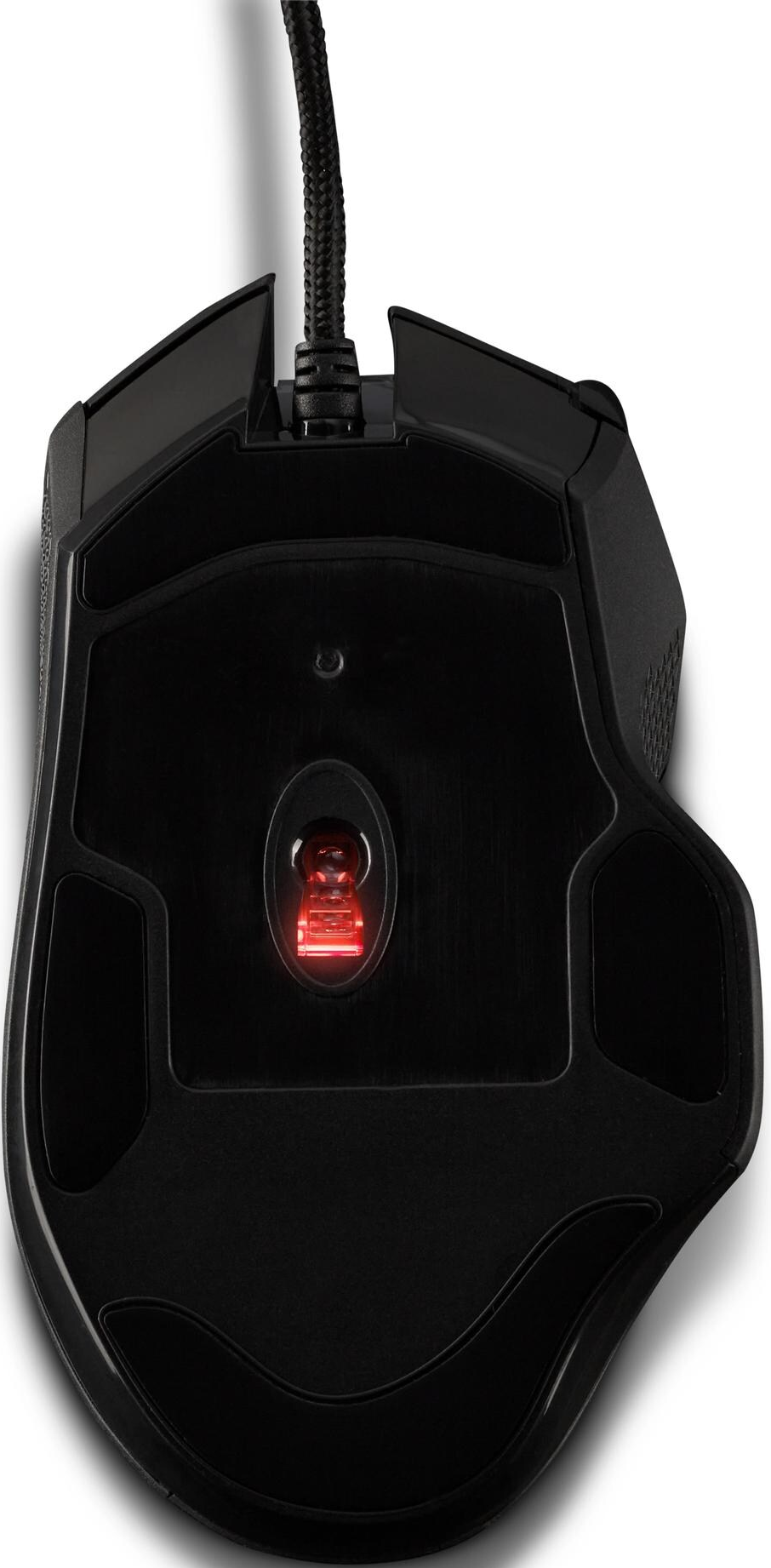 Schwarze Gaming-Maus, Unteransicht, mit rotem Licht in der Mitte.