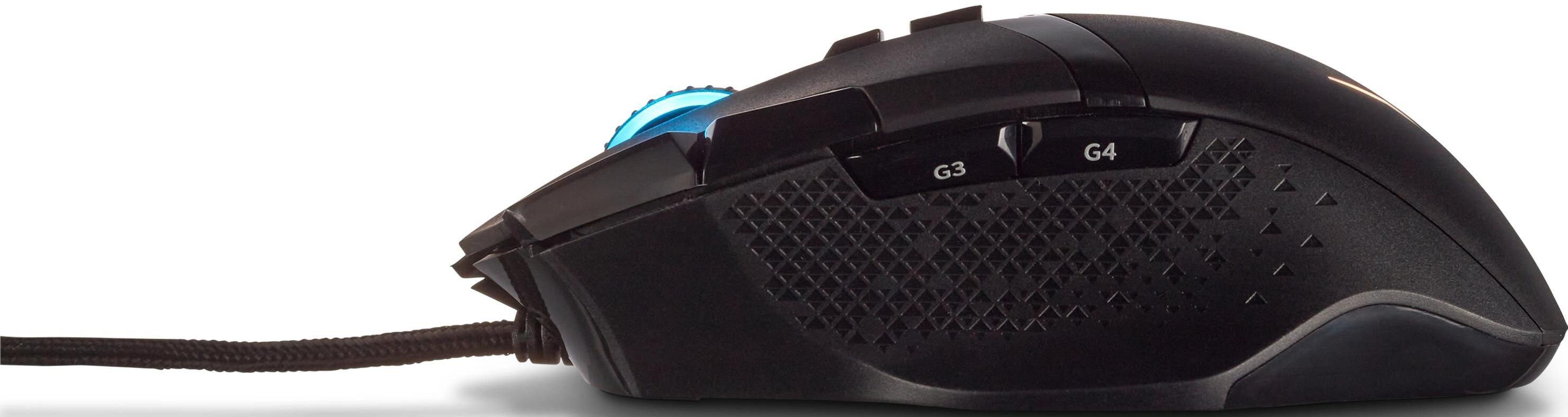 Schwarze Gaming-Maus Seitenansicht, zwei Tasten und ein Scrollrad. Schwarzes Kabel.