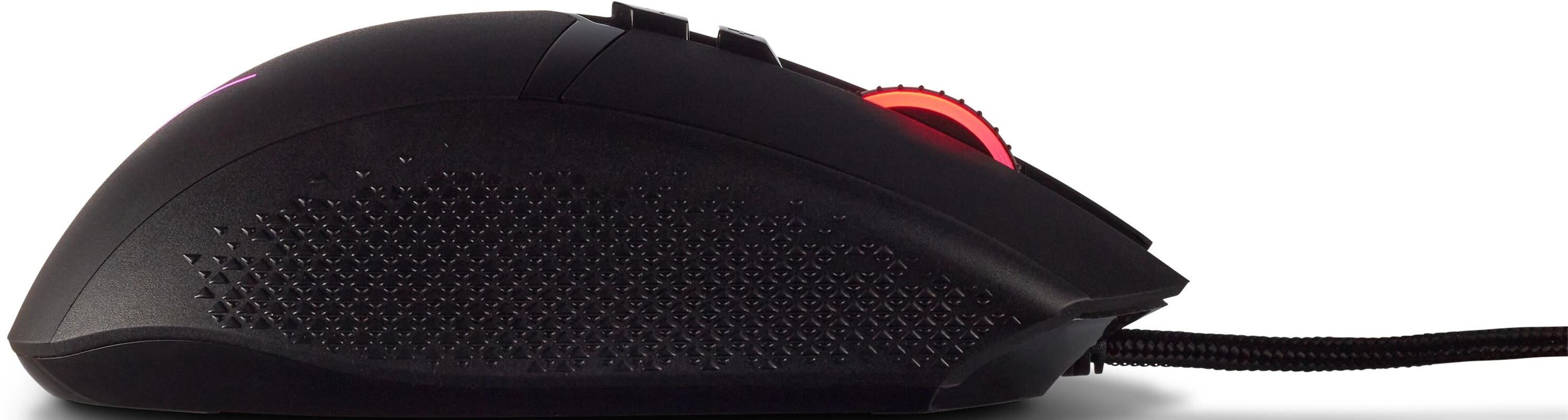 Schwarze Gaming-Maus mit rotem, beleuchtetem Scrollrad und strukturierter Seite.