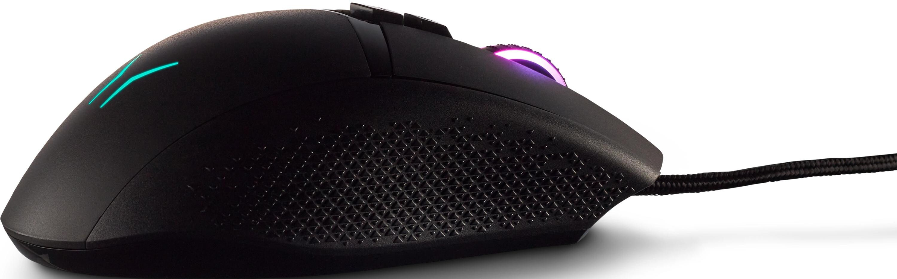 Schwarze Computermaus mit Seitenöffnungen und Kabel.