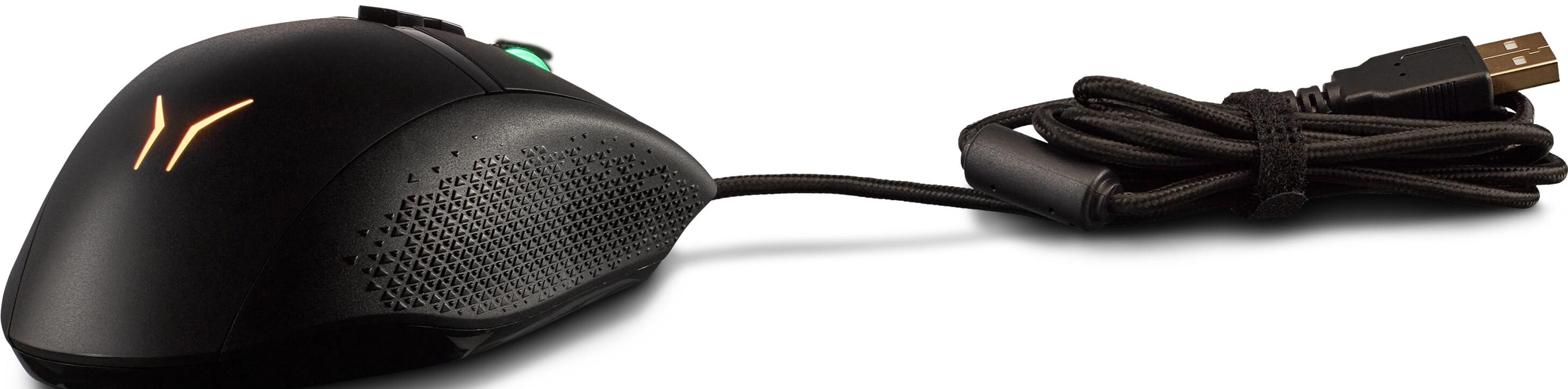 Schwarze Gaming-Maus mit Kabel. Die Maus hat ein Logo und einen USB-Anschluss.
