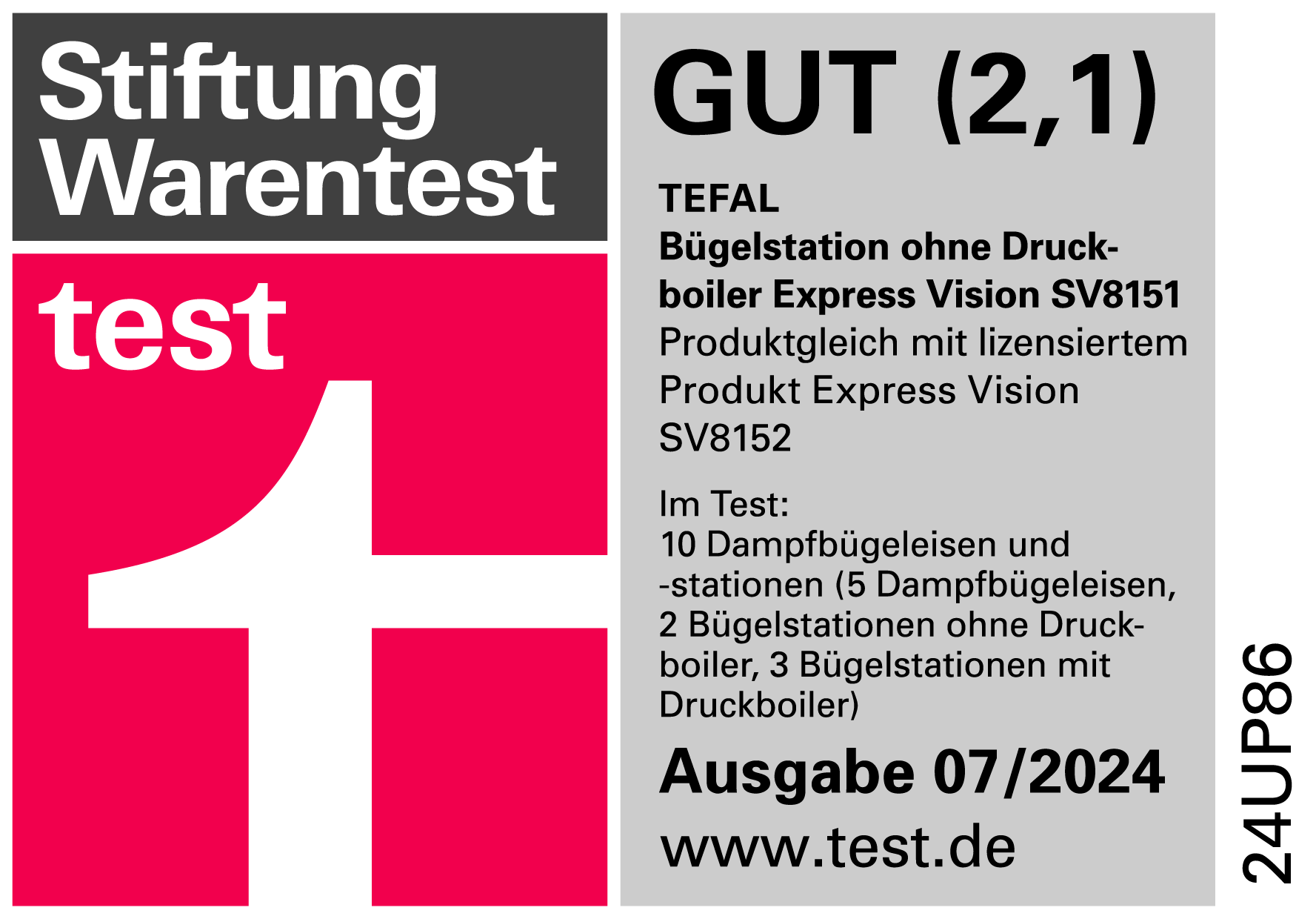 Graues und weißes Testergebnis mit "Stiftung Warentest" und "GUT (2,1)", Tefal Dampfbügelstation Express Vision SV8151.