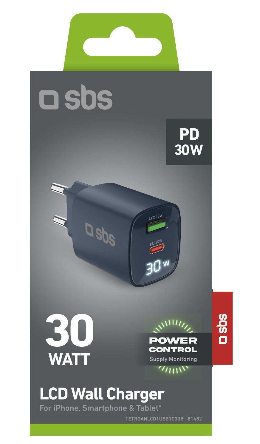 Ładowarka ścienna w pudełku. Jest ciemnoszara z cyfrowym wyświetlaczem pokazującym 30W.