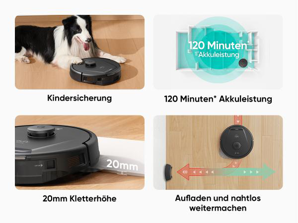 Ein schwarzer Roboter-Staubsauger mit Hund, zeigt Funktionen: Kindersicherung, 120min Akku, 20mm Klettern, und Aufladen.