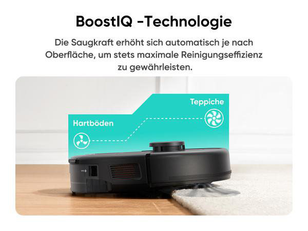 Schwarzer Roboter-Staubsauger auf Teppich, mit Etiketten für Hartböden und Teppiche. Türkisfarbener Hintergrund mit Text.