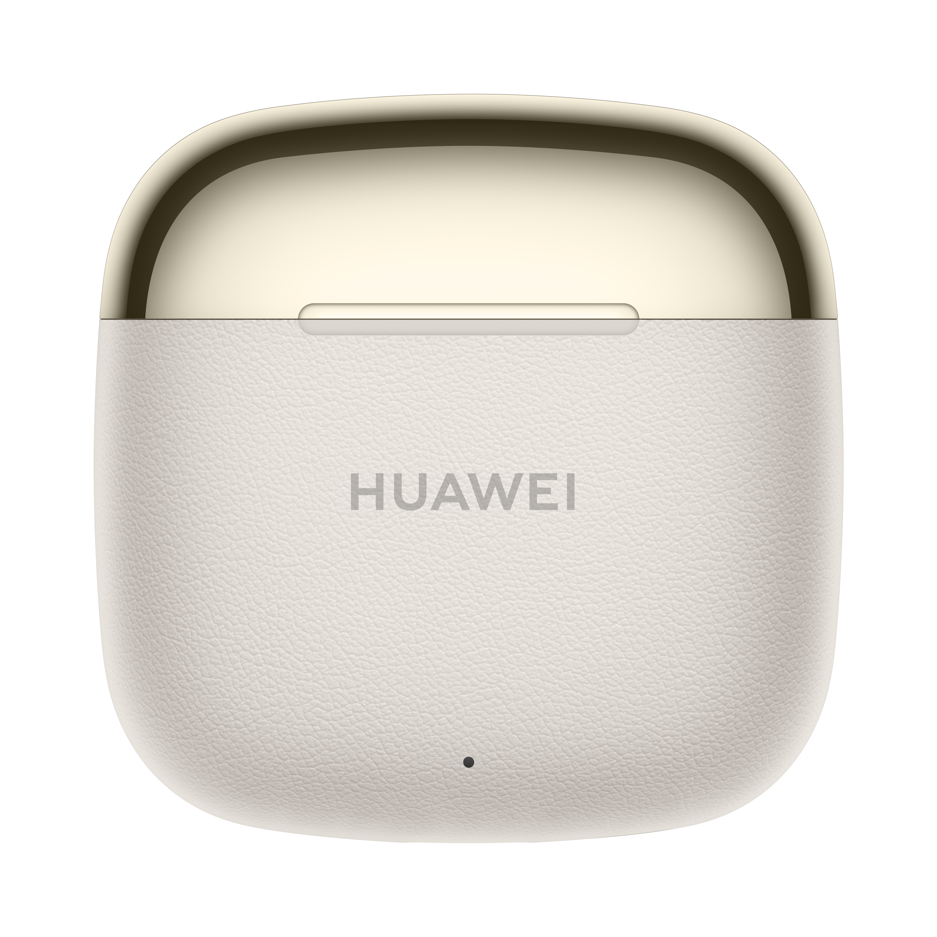 Weißes Huawei Ohrhörer-Etui. Goldener Deckel, weißer strukturierter Boden, Huawei-Logo.