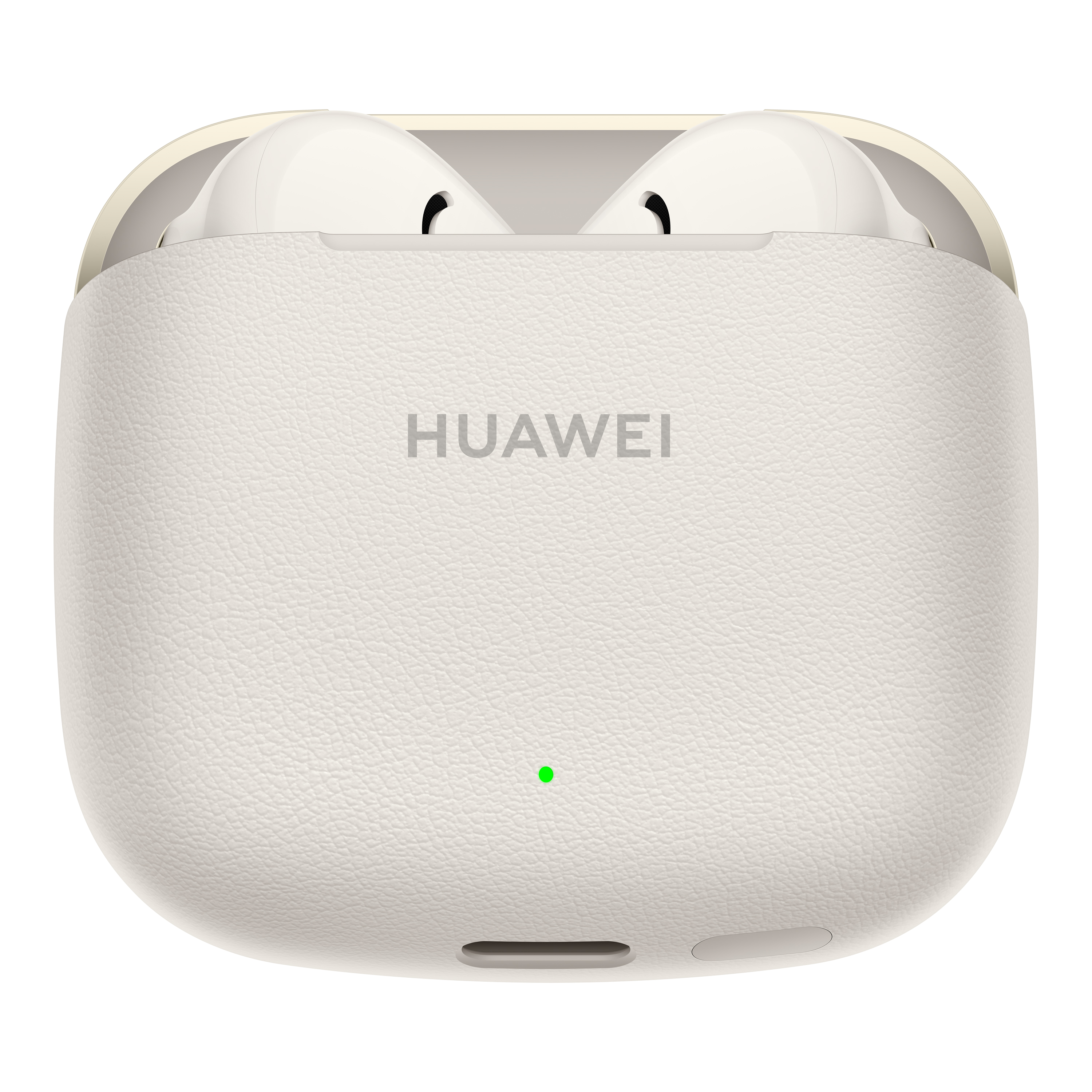 Weiße Ohrhörer in einem weißen Etui mit dem Markennamen 'HUAWEI'. Ein grünes Licht leuchtet.