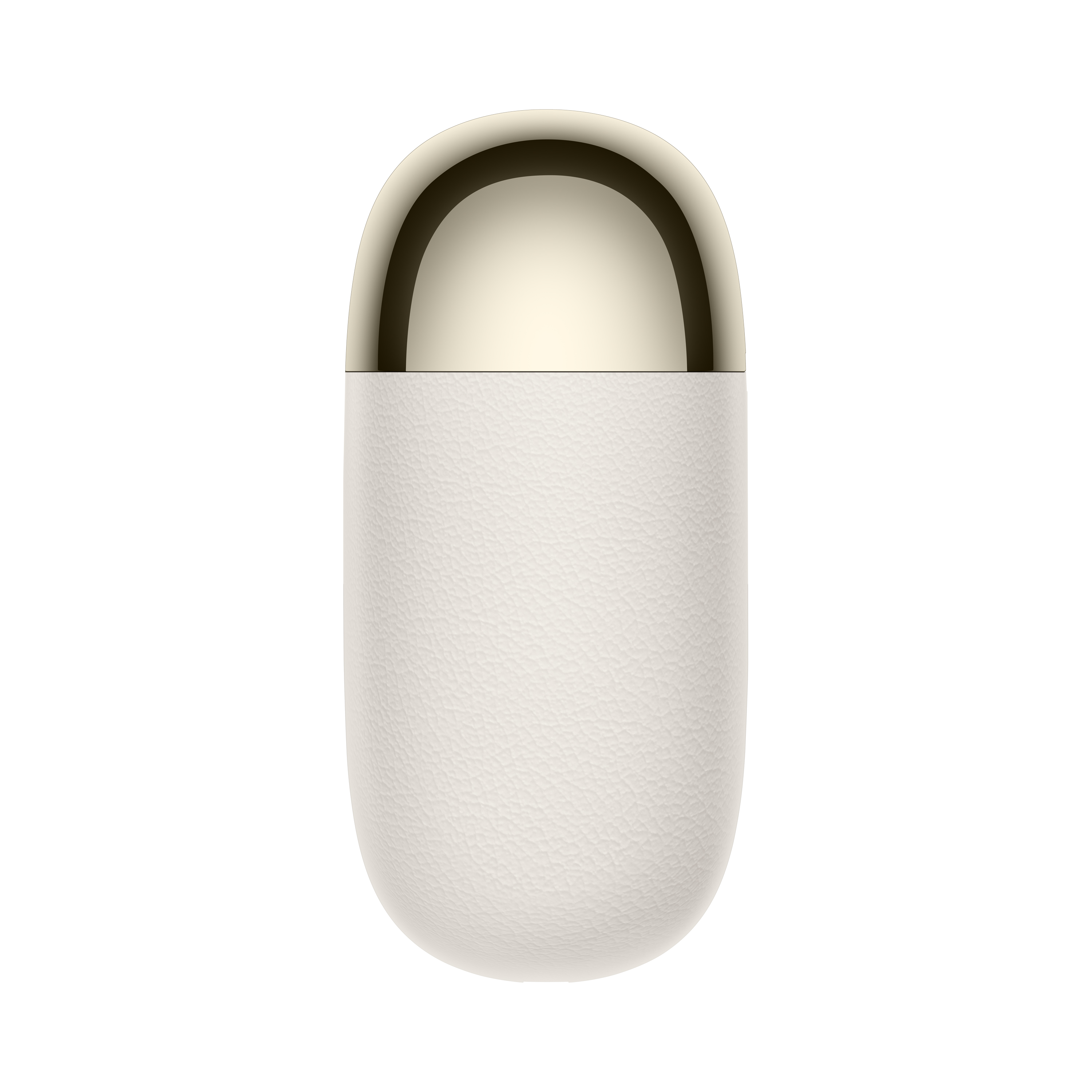 Weißes Ohrhörer-Ladeetui mit goldfarbenem Deckel. Das Etui ist weiß und abgerundet.